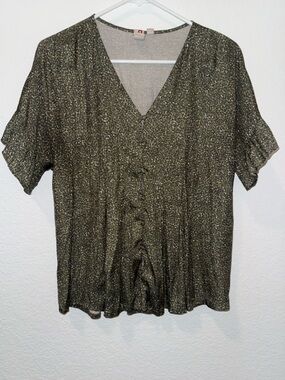 Anthropologie Olive Green Speckled V-Neck Button-Front Blouse